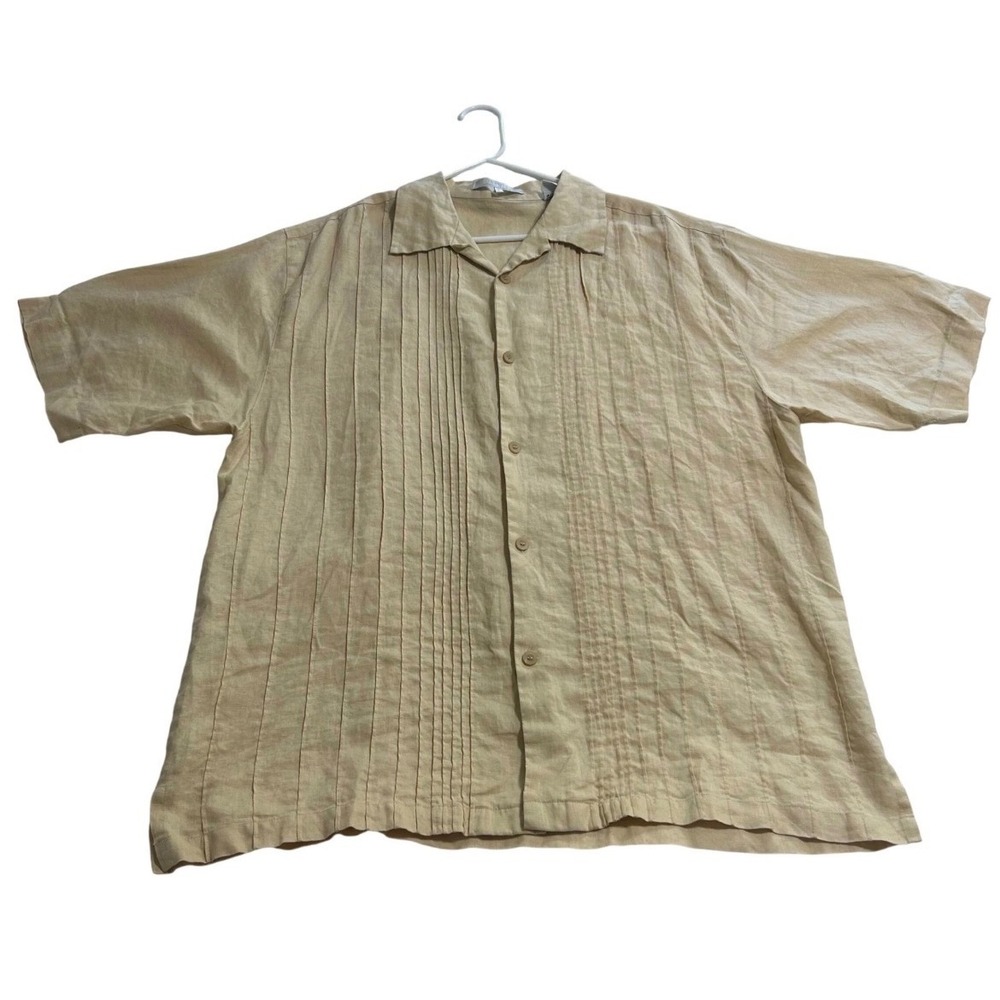 Lorenier Mens XL Tan 100% Linen Short Sleeve Pintuck Pleated Guayabera Shirt